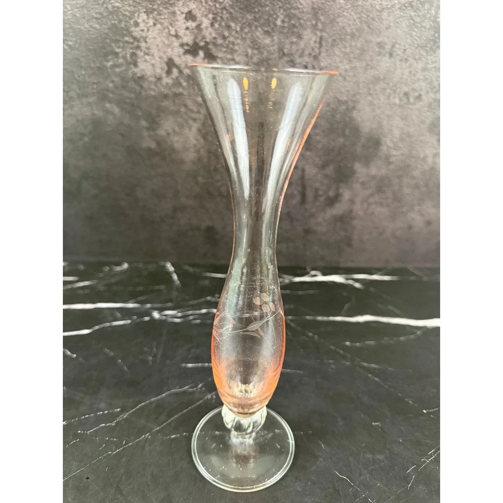 VTG Floral Etched Footed Bud Vase Pale Pink Flared Top 8in Tall MINT!